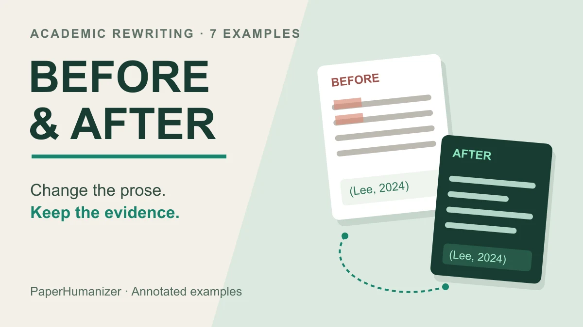 Before-and-after manuscript cards showing sentence structure changing while evidence anchors remain connected