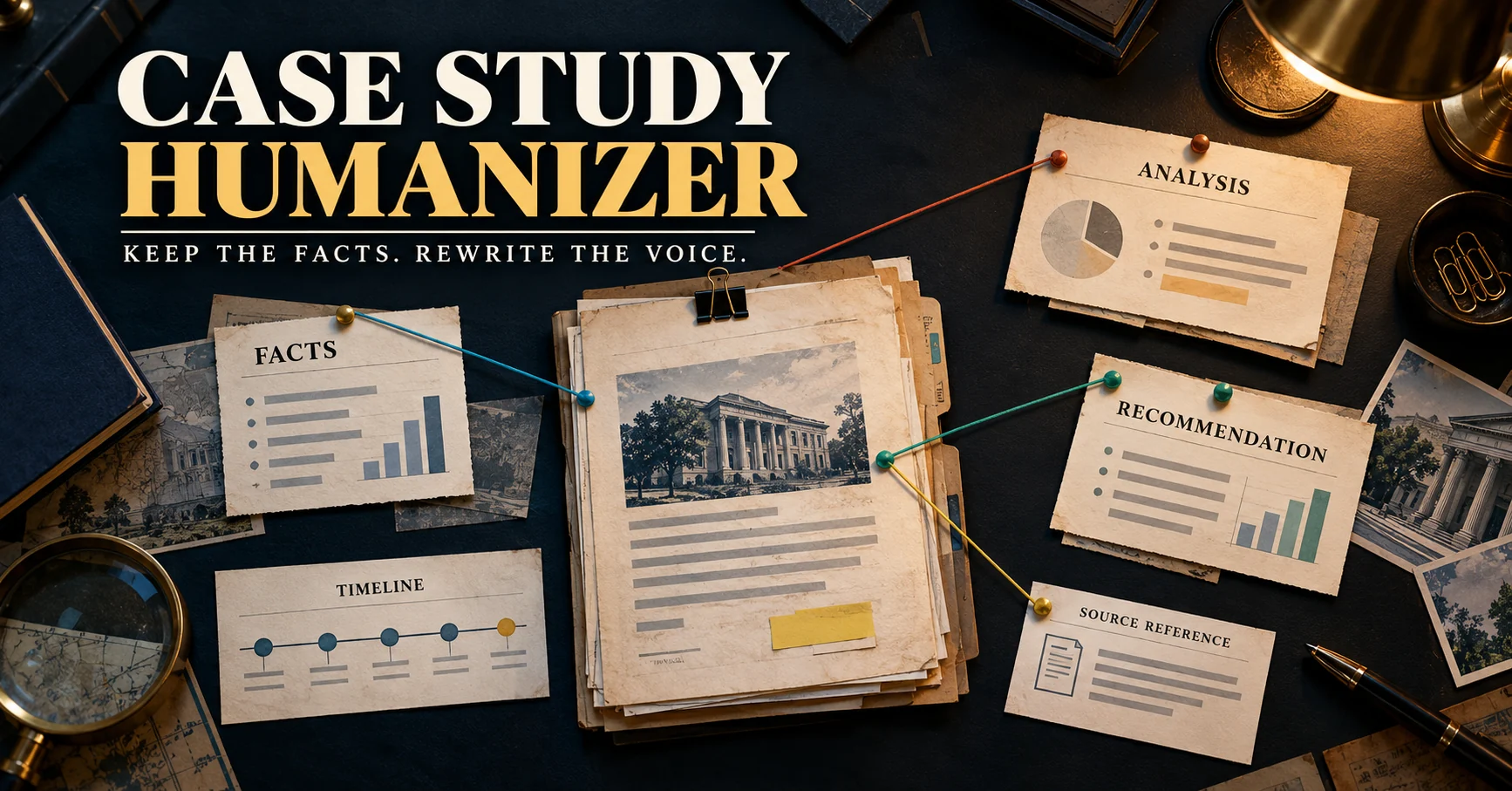 Case file connected to fact, analysis, timeline, source, and recommendation cards