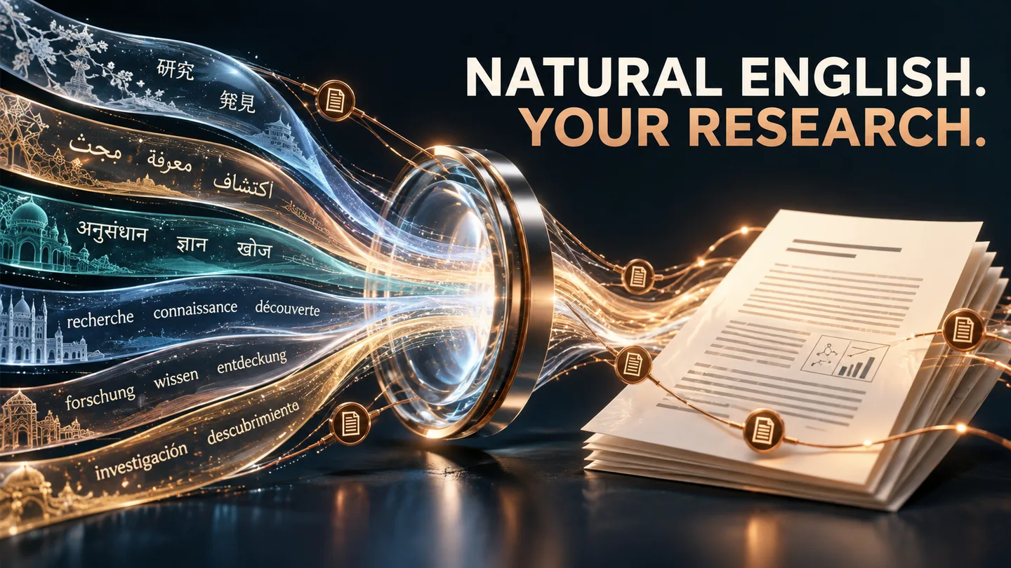 Multilingual research signals pass through an editorial lens into a manuscript with connected evidence anchors