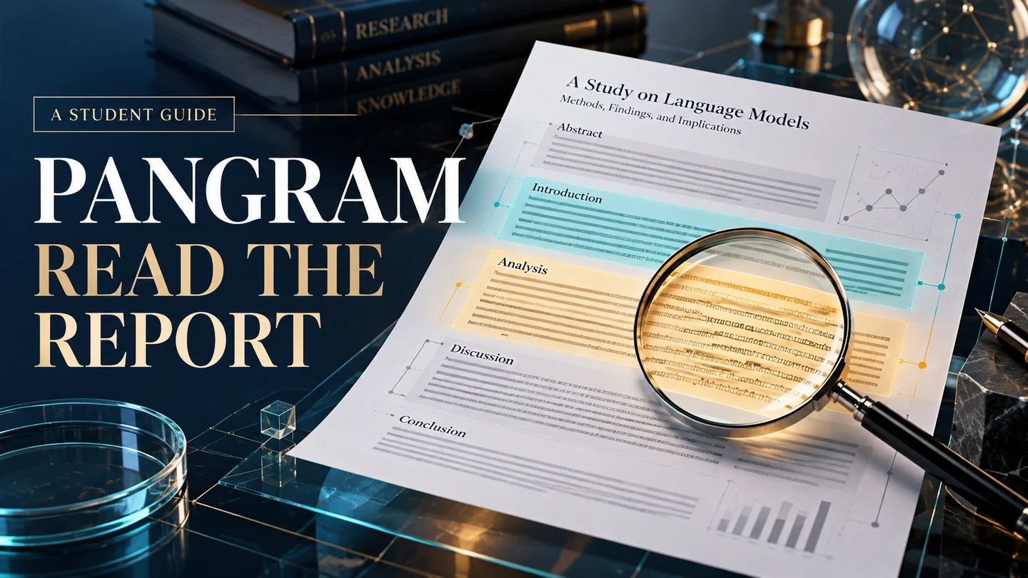 A precision lens examines colored manuscript segments, illustrating how students can read a Pangram AI report
