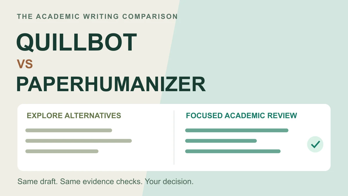 QuillBot and PaperHumanizer editing cards compared using the same academic draft and review criteria