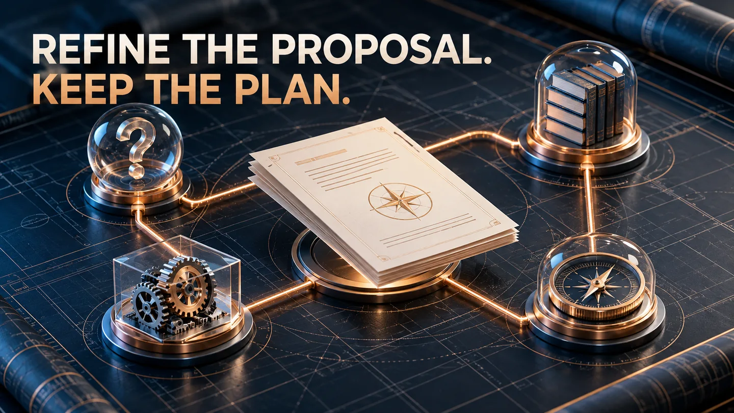 Research proposal linked to question, literature, methods, and feasibility nodes on an illuminated technical blueprint