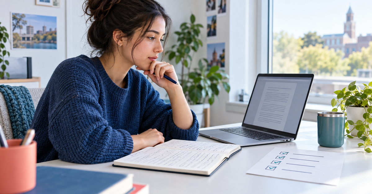 University applicant thoughtfully comparing a personal outline with a scholarship essay draft on a laptop