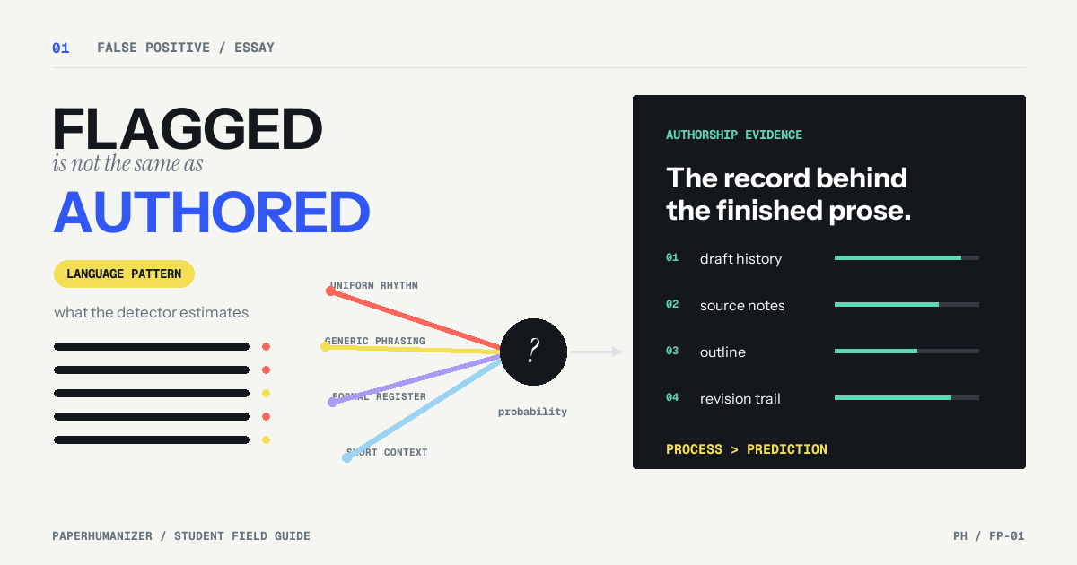 Visual map showing how sentence uniformity, generic phrasing, limited context, and formal register can converge on an AI flag while authorship evidence remains separate