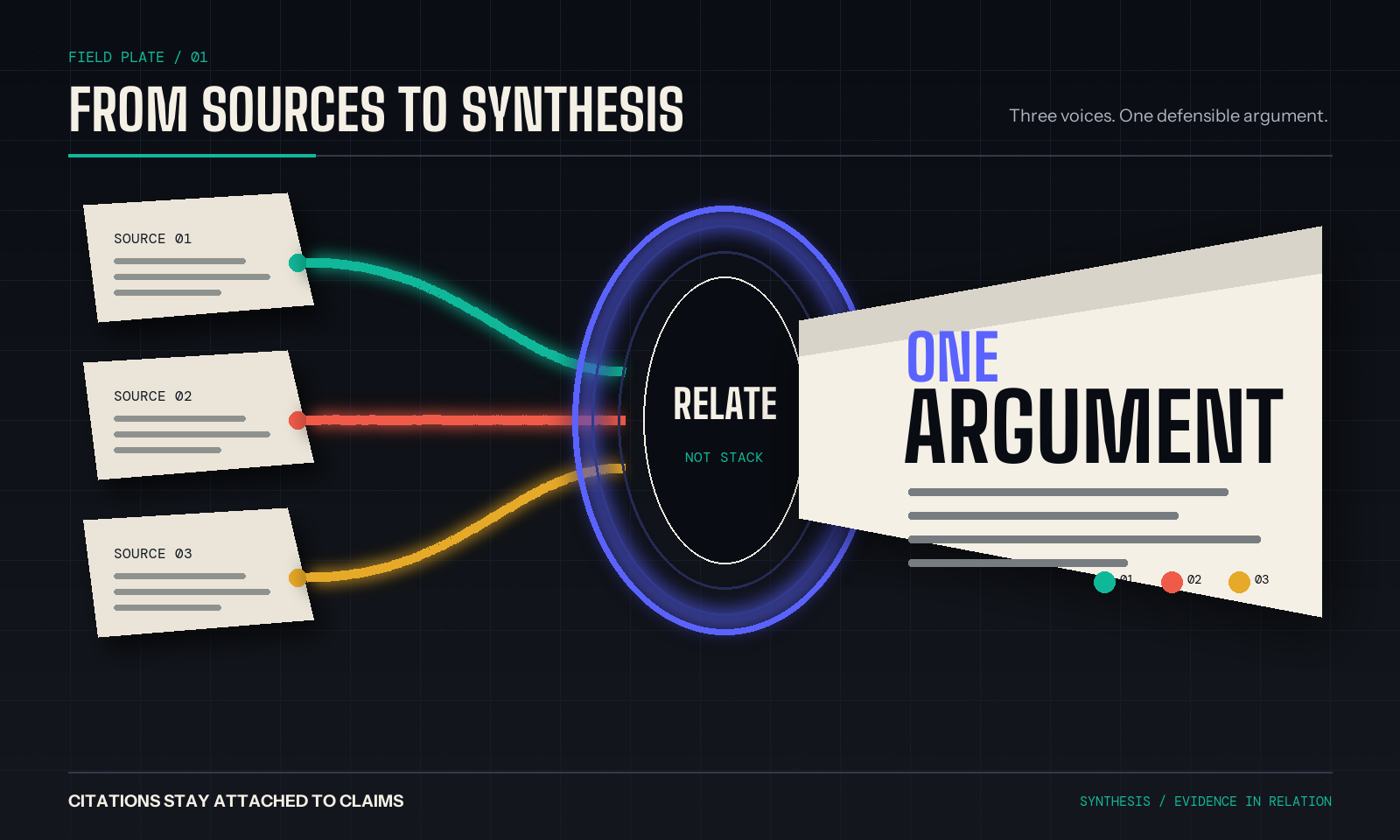 Three research studies connected to one literature review synthesis while each citation remains attached to its claim